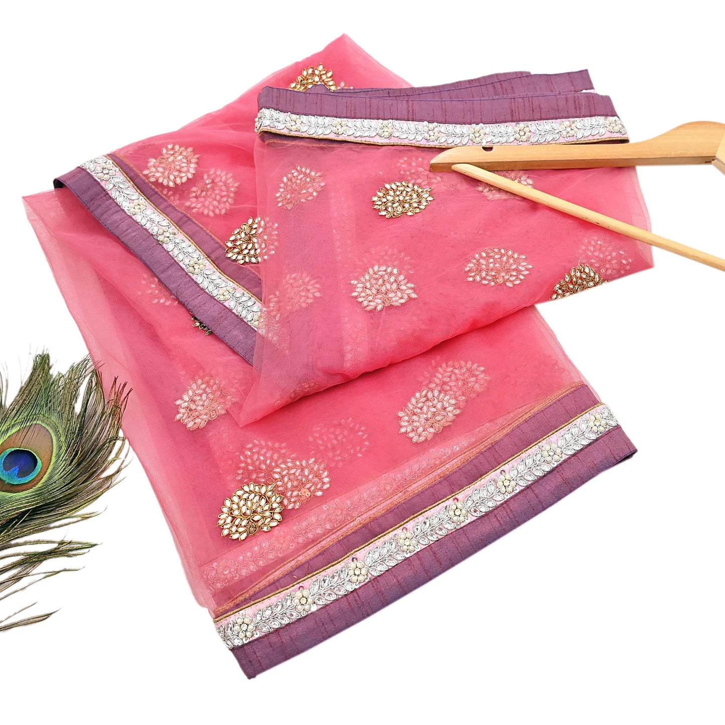 Indian Vintage Heavy Bridal Dupatta Pink Net Mesh Long Stole Hand Embroidered Scarves  Patti Wedding/Party Wear