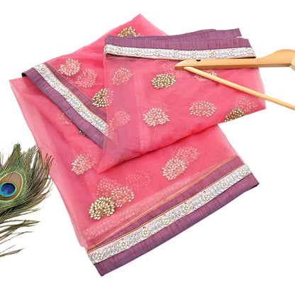 Indian Vintage Heavy Bridal Dupatta Pink Net Mesh Long Stole Hand Embroidered Scarves  Patti Wedding/Party Wear