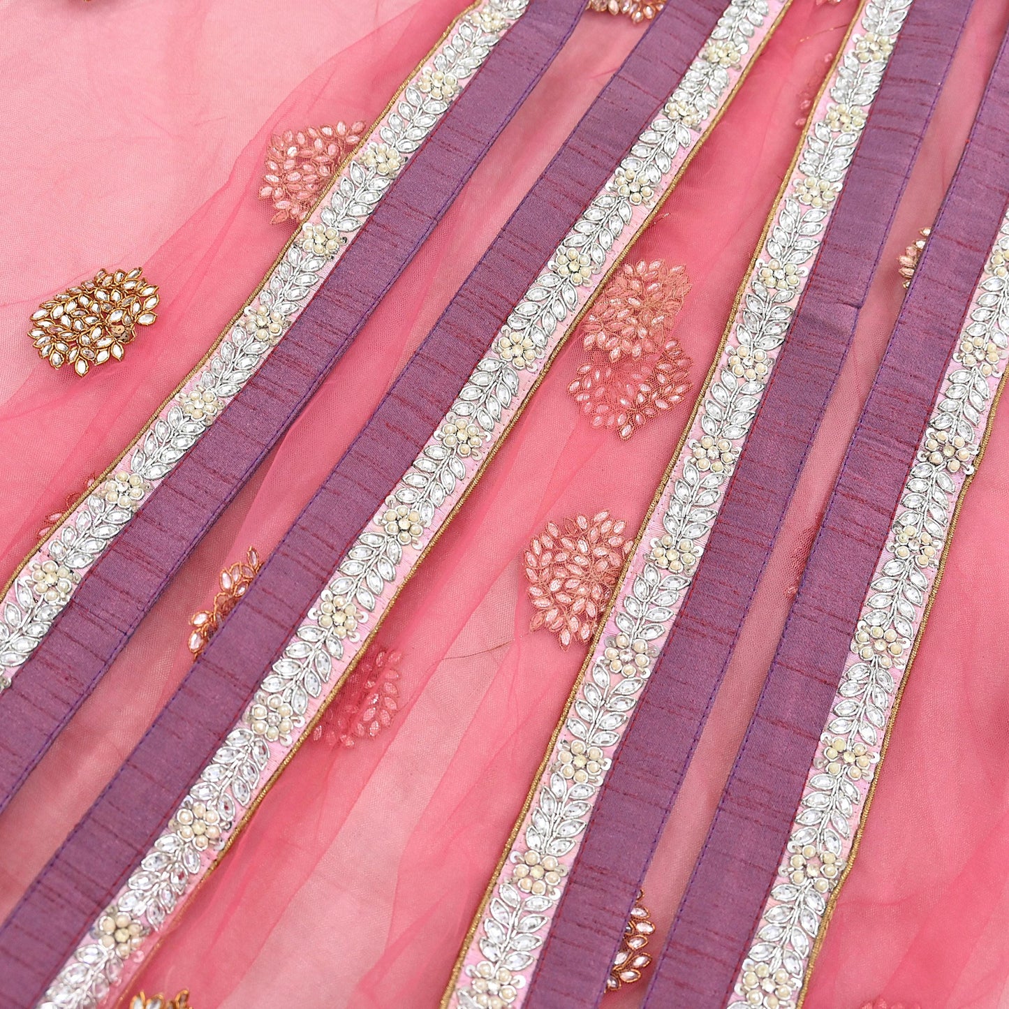 Indian Vintage Heavy Bridal Dupatta Pink Net Mesh Long Stole Hand Embroidered Scarves  Patti Wedding/Party Wear