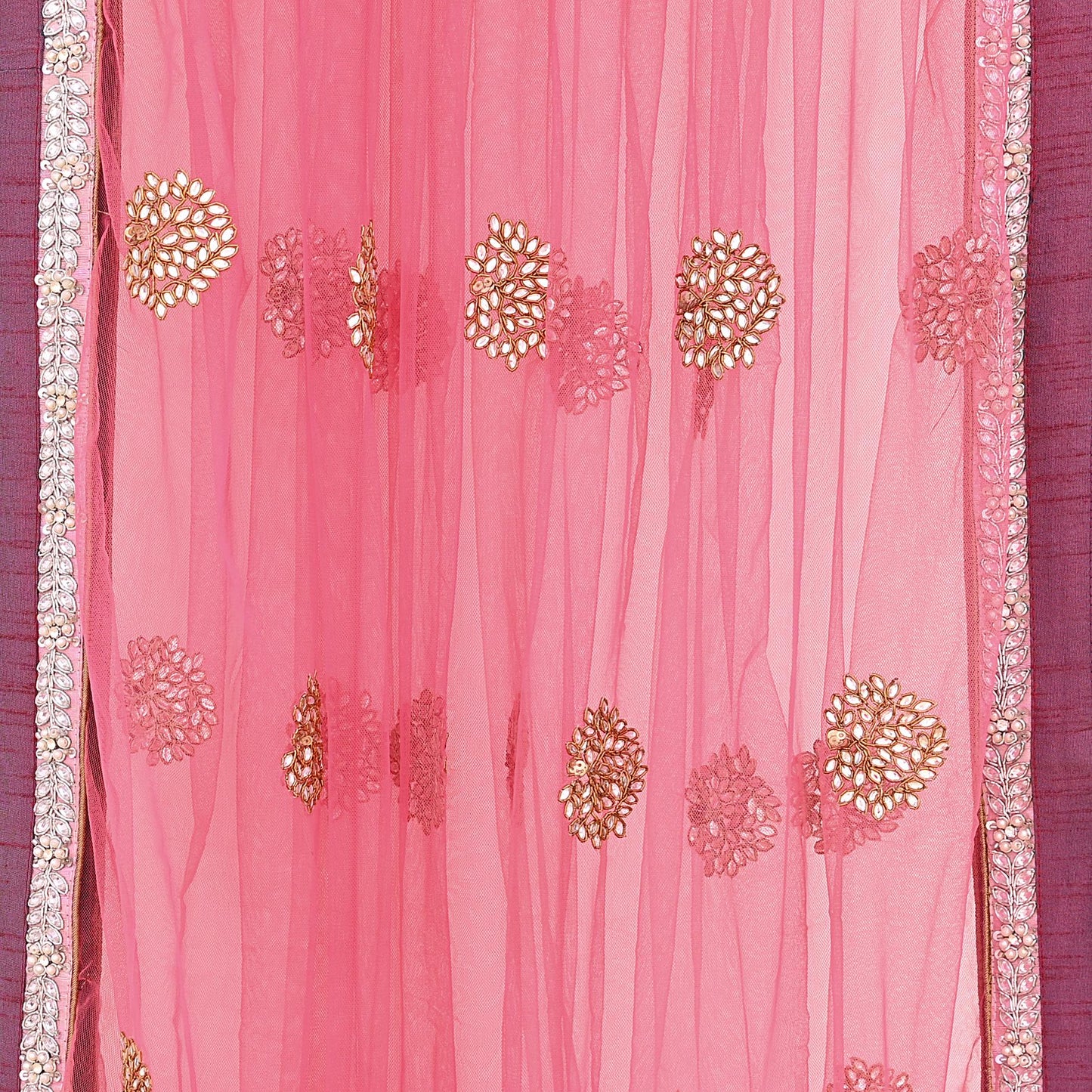 Indian Vintage Heavy Bridal Dupatta Pink Net Mesh Long Stole Hand Embroidered Scarves  Patti Wedding/Party Wear