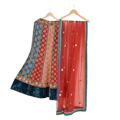 Indian Vintage Pure Georgette Silk Net/Mesh Hand Embroidered Lehenga 2pcs Set Bridal Party Wear Dupatta Bollywood Lehenga