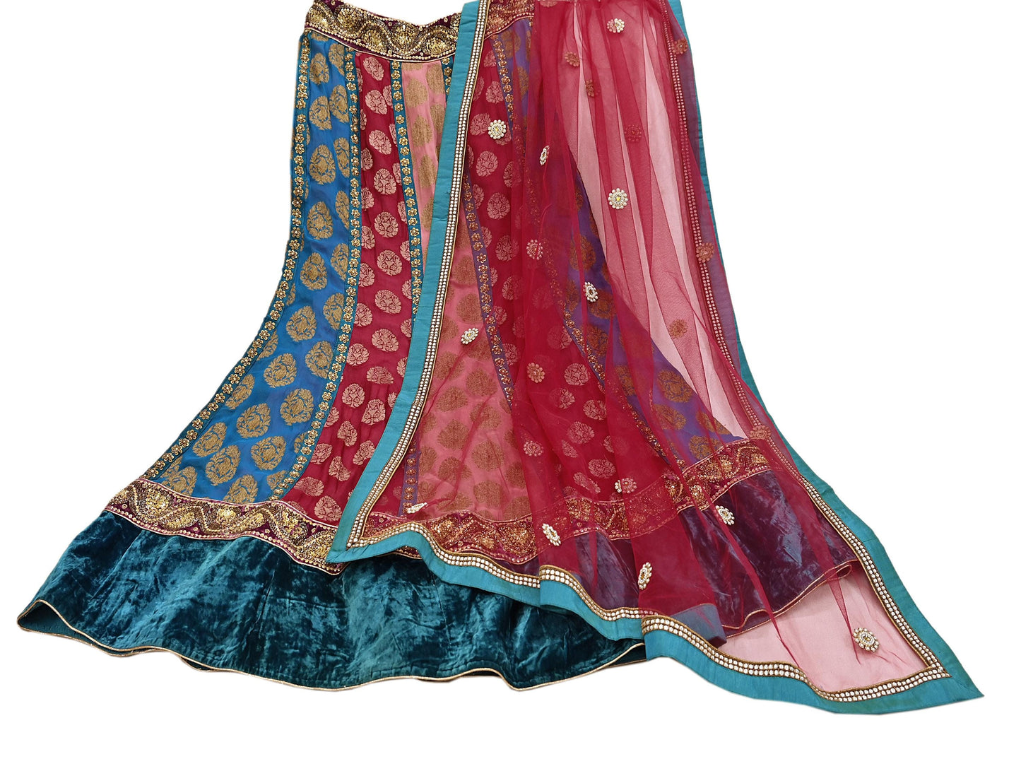 Indian Vintage Pure Georgette Silk Net/Mesh Hand Embroidered Lehenga 2pcs Set Bridal Party Wear Dupatta Bollywood Lehenga