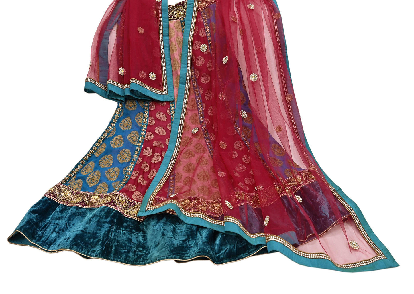 Indian Vintage Pure Georgette Silk Net/Mesh Hand Embroidered Lehenga 2pcs Set Bridal Party Wear Dupatta Bollywood Lehenga