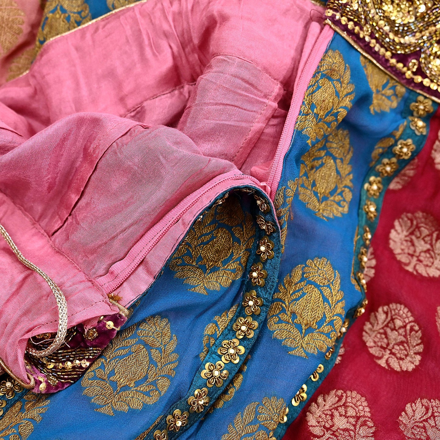Indian Vintage Multi Pure Georgette Silk Hand Embroidered Skirt Bridal Party Wear Bollywood Lehenga Zardozi/ Dabka, Zari