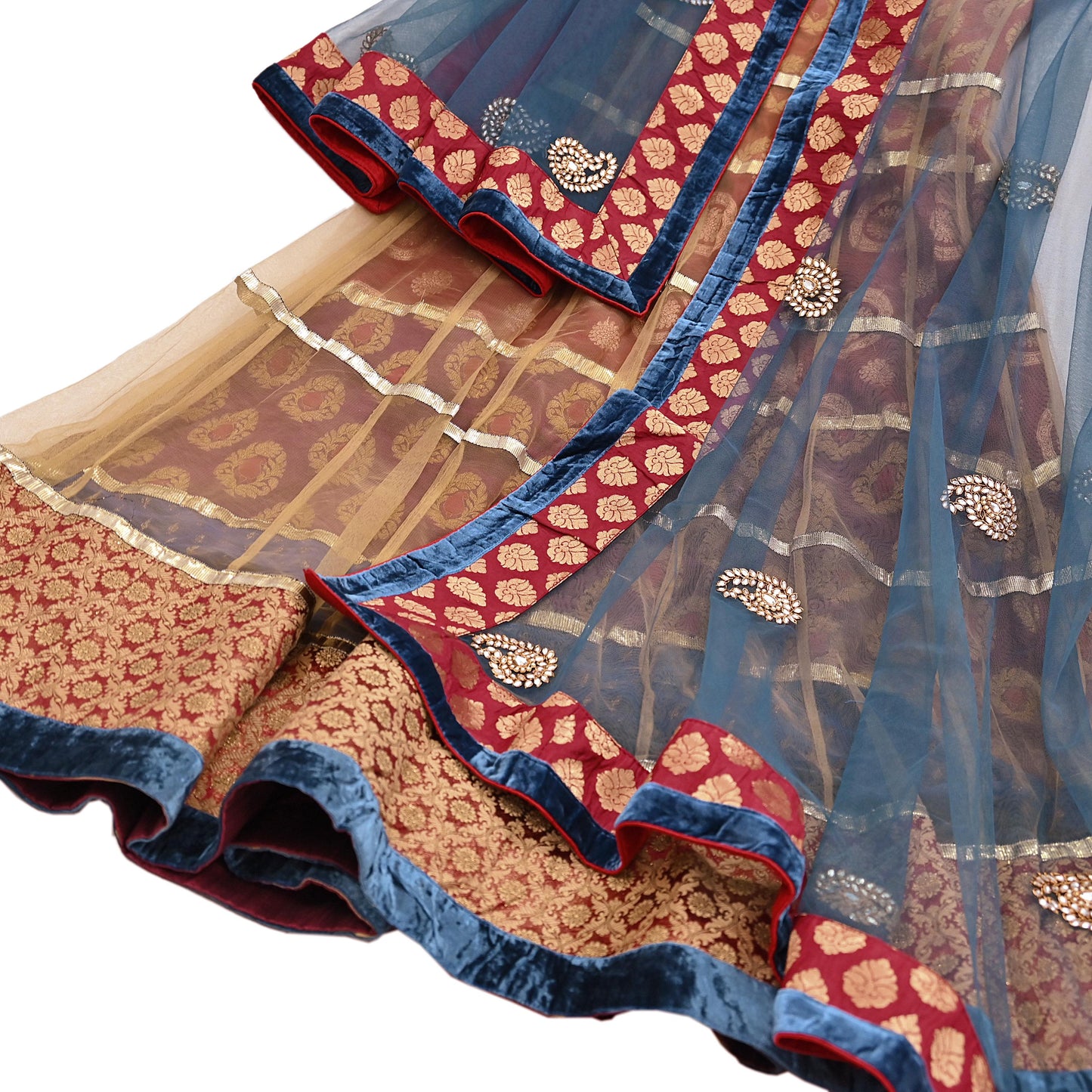 Indian Vintage Multti & Teal Blue Net/Mesh Hand Embroidered Lehenga 2pcs Set Bridal Party Wear With Dupatta Bollywood Lehenga Zardozi/ Dabka