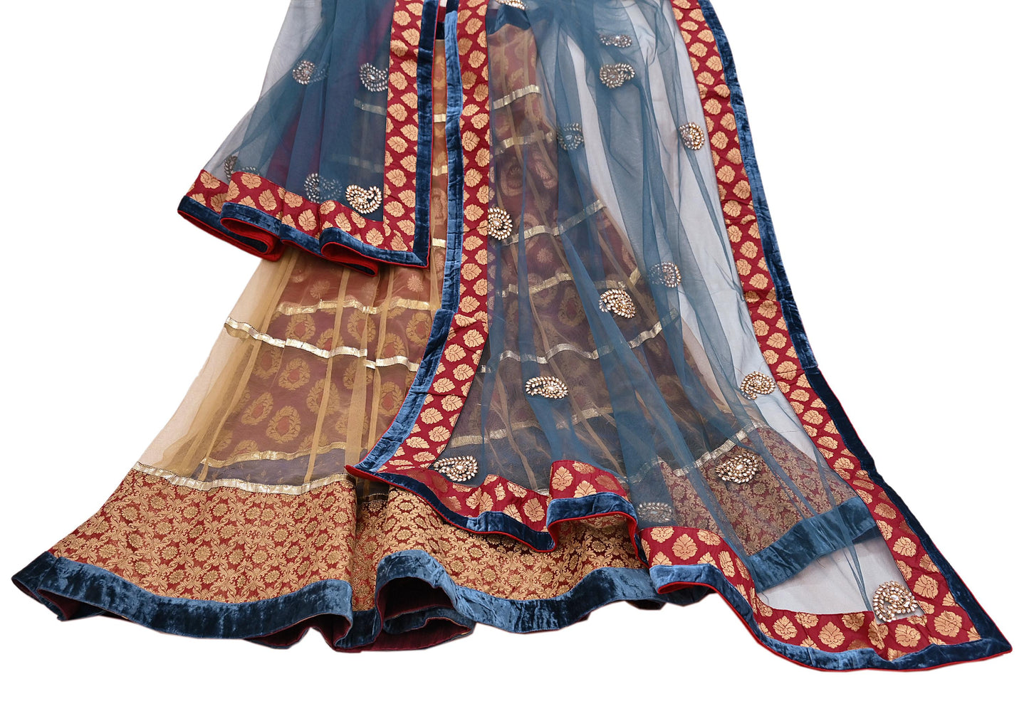 Indian Vintage Multti & Teal Blue Net/Mesh Hand Embroidered Lehenga 2pcs Set Bridal Party Wear With Dupatta Bollywood Lehenga Zardozi/ Dabka