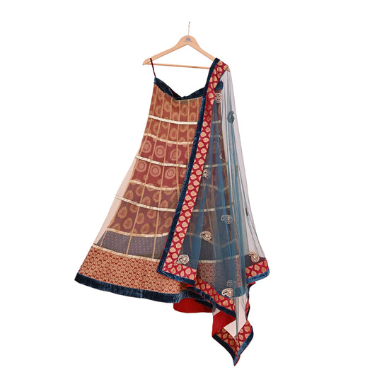 Indian Vintage Multti & Teal Blue Net/Mesh Hand Embroidered Lehenga 2pcs Set Bridal Party Wear With Dupatta Bollywood Lehenga Zardozi/ Dabka