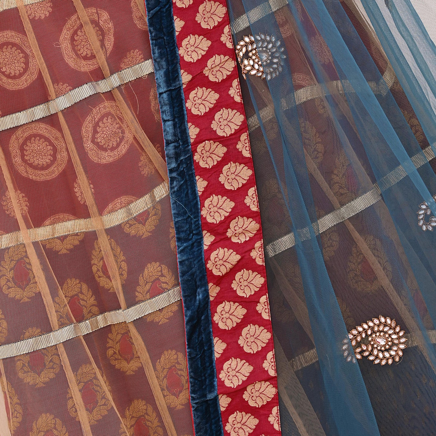 Indian Vintage Multti & Teal Blue Net/Mesh Hand Embroidered Lehenga 2pcs Set Bridal Party Wear With Dupatta Bollywood Lehenga Zardozi/ Dabka