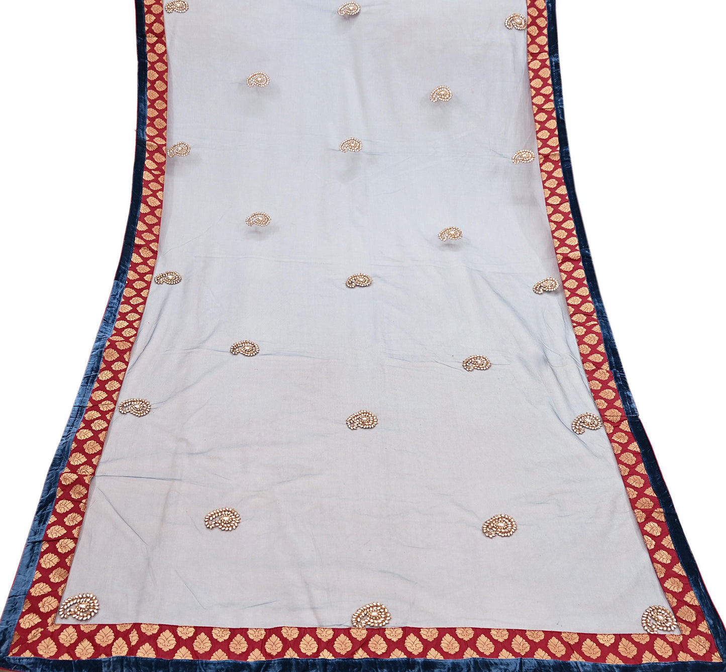 Indian Vintage Heavy Bridal Dupatta Teal Blue Net Mesh Long Stole Hand Embroidered Scarves Wedding/Party Wear