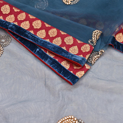 Indian Vintage Heavy Bridal Dupatta Teal Blue Net Mesh Long Stole Hand Embroidered Scarves Wedding/Party Wear