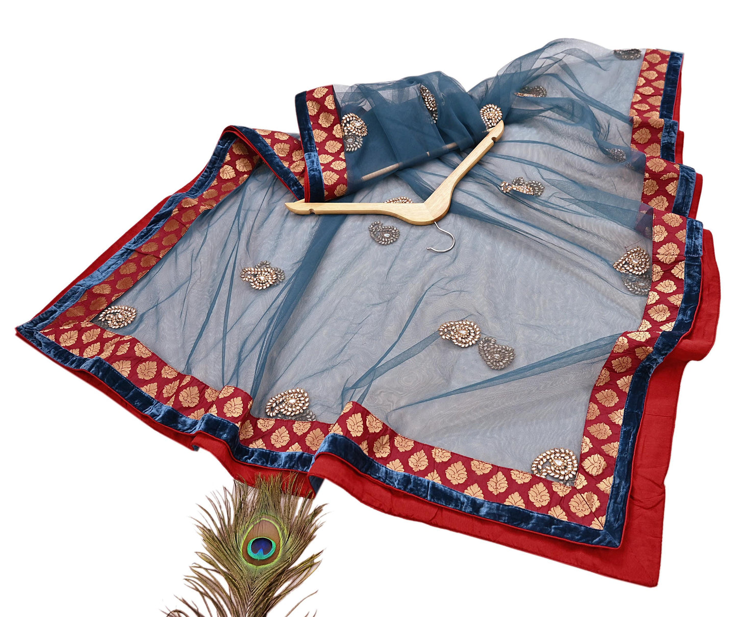 Indian Vintage Heavy Bridal Dupatta Teal Blue Net Mesh Long Stole Hand Embroidered Scarves Wedding/Party Wear