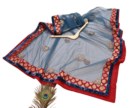 Indian Vintage Heavy Bridal Dupatta Teal Blue Net Mesh Long Stole Hand Embroidered Scarves Wedding/Party Wear