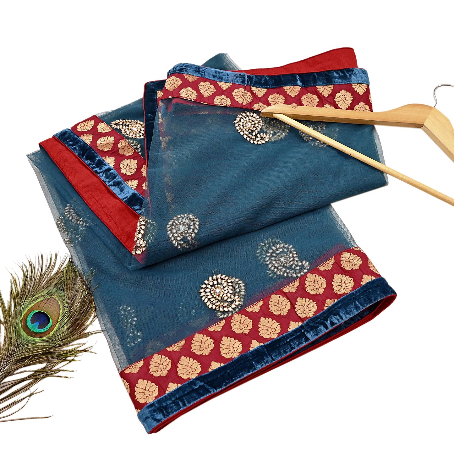 Indian Vintage Heavy Bridal Dupatta Teal Blue Net Mesh Long Stole Hand Embroidered Scarves Wedding/Party Wear