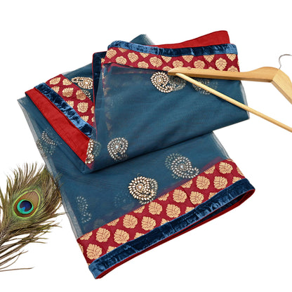 Indian Vintage Heavy Bridal Dupatta Teal Blue Net Mesh Long Stole Hand Embroidered Scarves Wedding/Party Wear