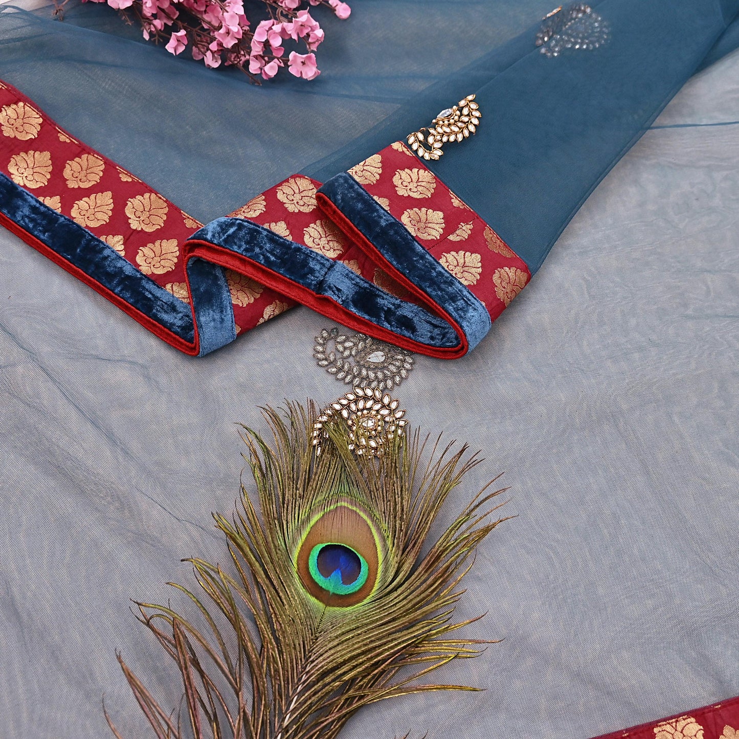 Indian Vintage Heavy Bridal Dupatta Teal Blue Net Mesh Long Stole Hand Embroidered Scarves Wedding/Party Wear
