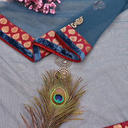 Indian Vintage Heavy Bridal Dupatta Teal Blue Net Mesh Long Stole Hand Embroidered Scarves Wedding/Party Wear