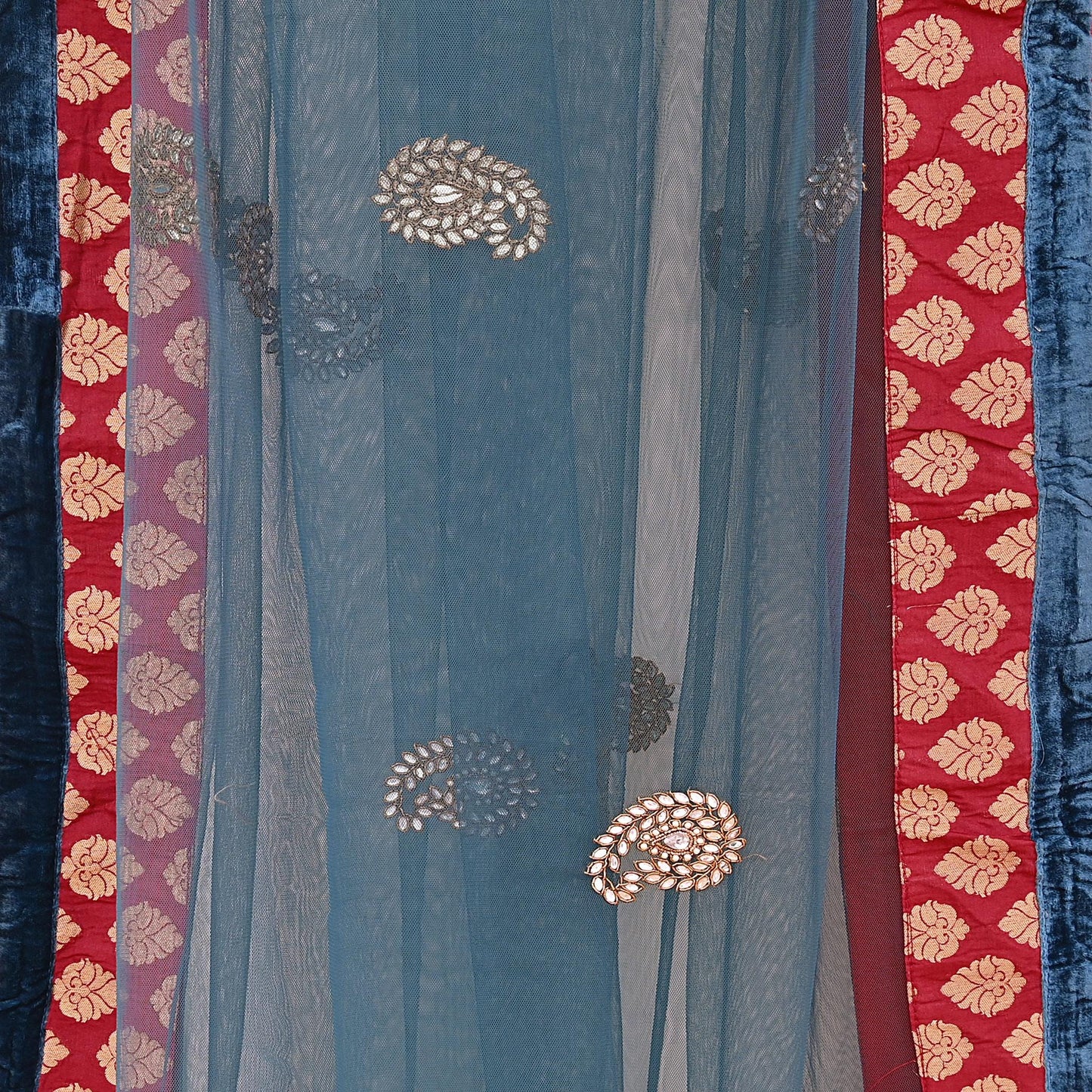 Indian Vintage Heavy Bridal Dupatta Teal Blue Net Mesh Long Stole Hand Embroidered Scarves Wedding/Party Wear