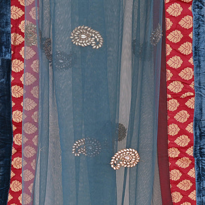 Indian Vintage Heavy Bridal Dupatta Teal Blue Net Mesh Long Stole Hand Embroidered Scarves Wedding/Party Wear