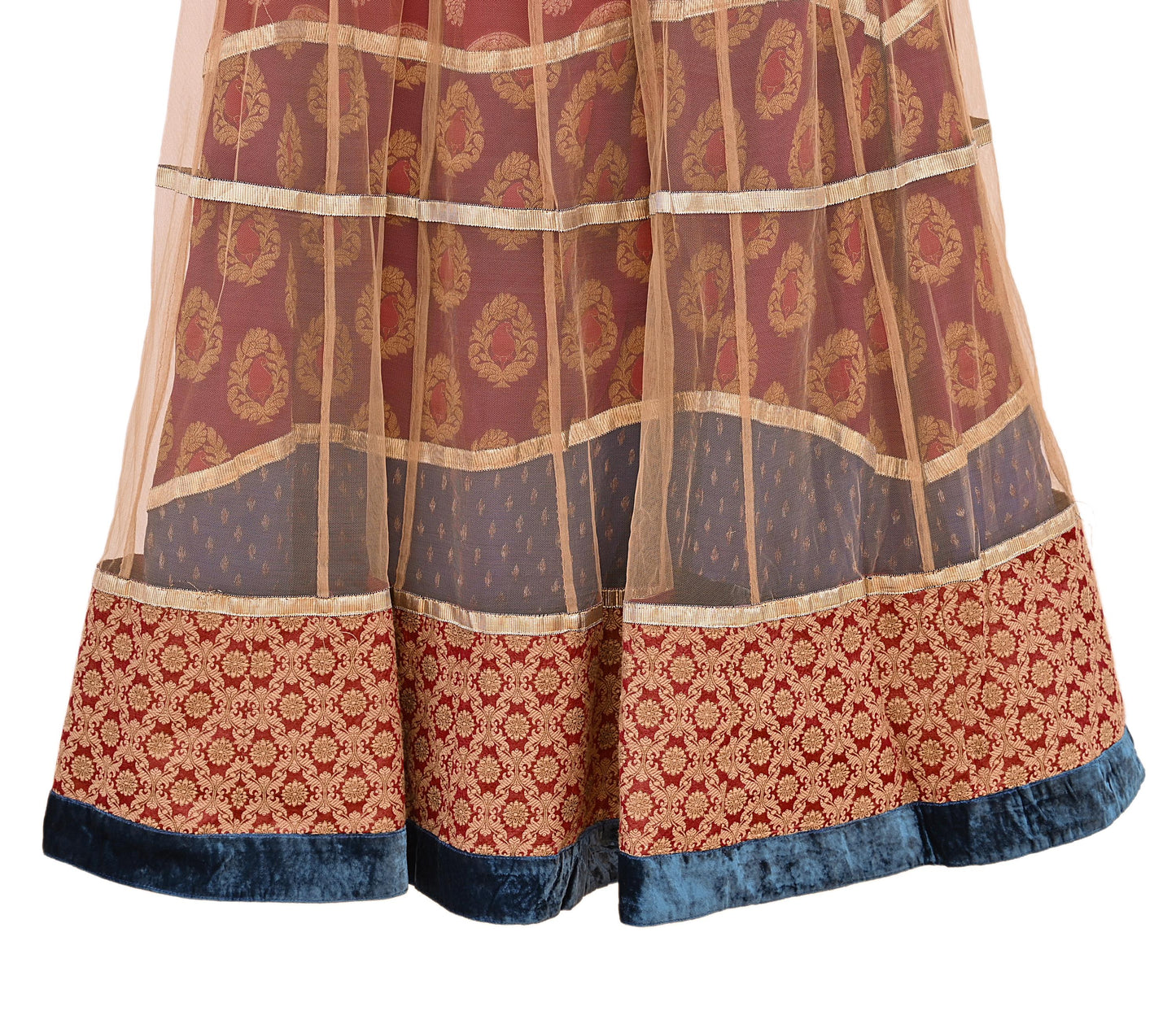 Indian Vintage Beige & Multi Net Hand Embroidered Skirt Bridal Party Wear Bollywood Lehenga Zardozi/ Dabka, Zari