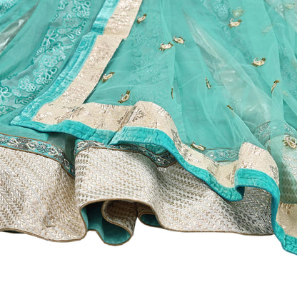 Indian Vintage Green Pure Georgette Silk Net/Mesh Hand Embroidered Lehenga 2pcs Set Bridal Party Wear Dupatta Bollywood Lehenga