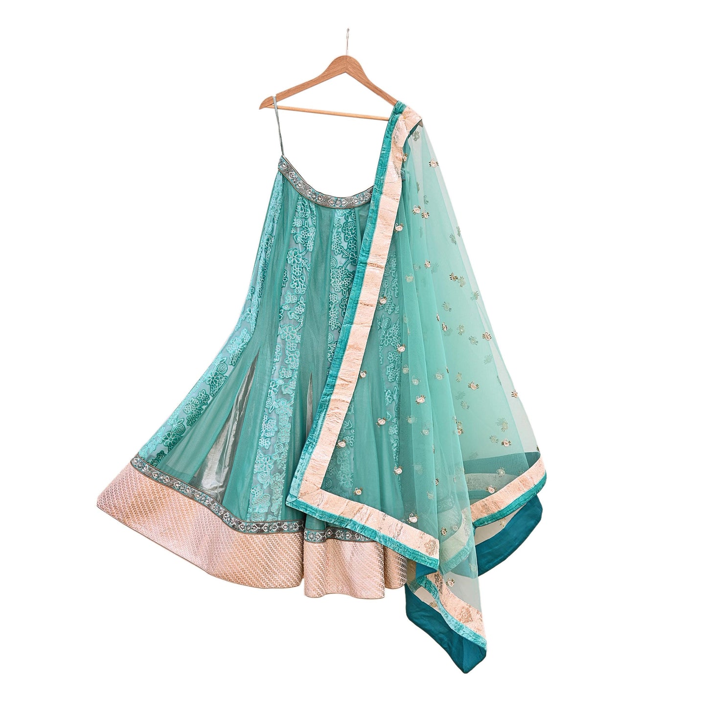 Indian Vintage Green Pure Georgette Silk Net/Mesh Hand Embroidered Lehenga 2pcs Set Bridal Party Wear Dupatta Bollywood Lehenga