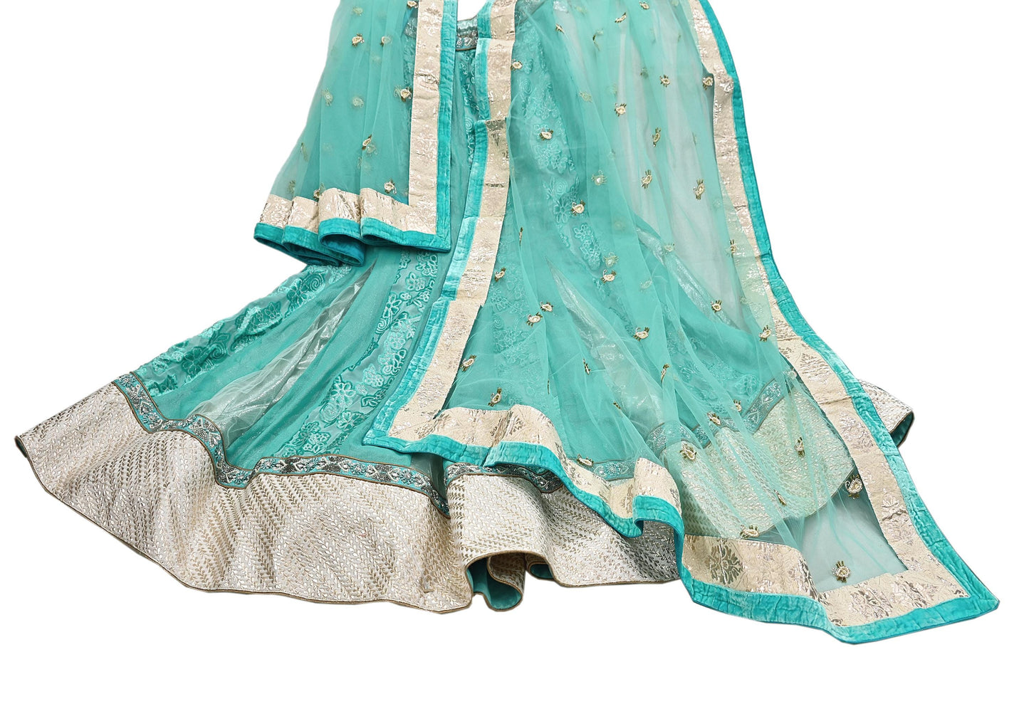 Indian Vintage Green Pure Georgette Silk Net/Mesh Hand Embroidered Lehenga 2pcs Set Bridal Party Wear Dupatta Bollywood Lehenga