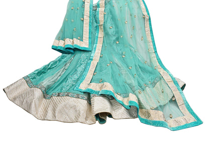 Indian Vintage Green Pure Georgette Silk Net/Mesh Hand Embroidered Lehenga 2pcs Set Bridal Party Wear Dupatta Bollywood Lehenga