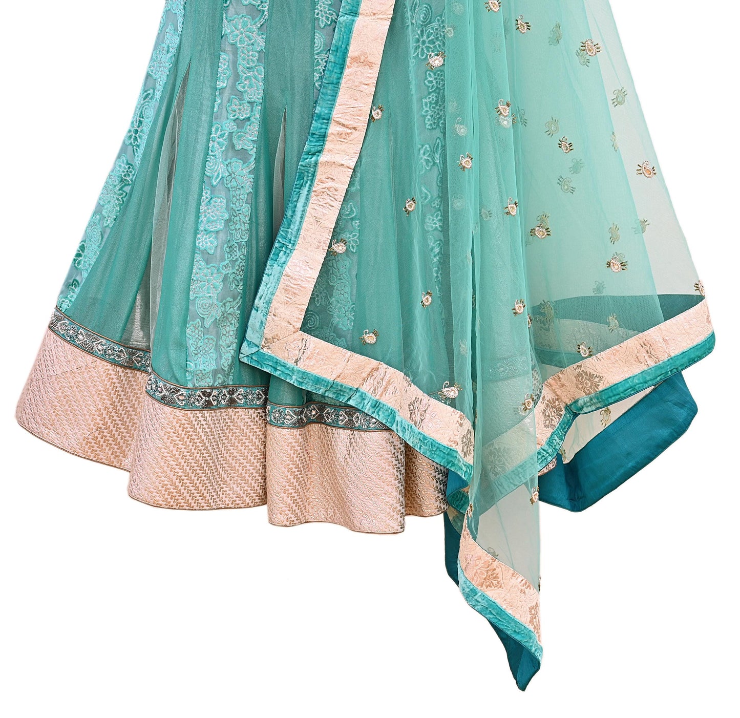 Indian Vintage Green Pure Georgette Silk Net/Mesh Hand Embroidered Lehenga 2pcs Set Bridal Party Wear Dupatta Bollywood Lehenga