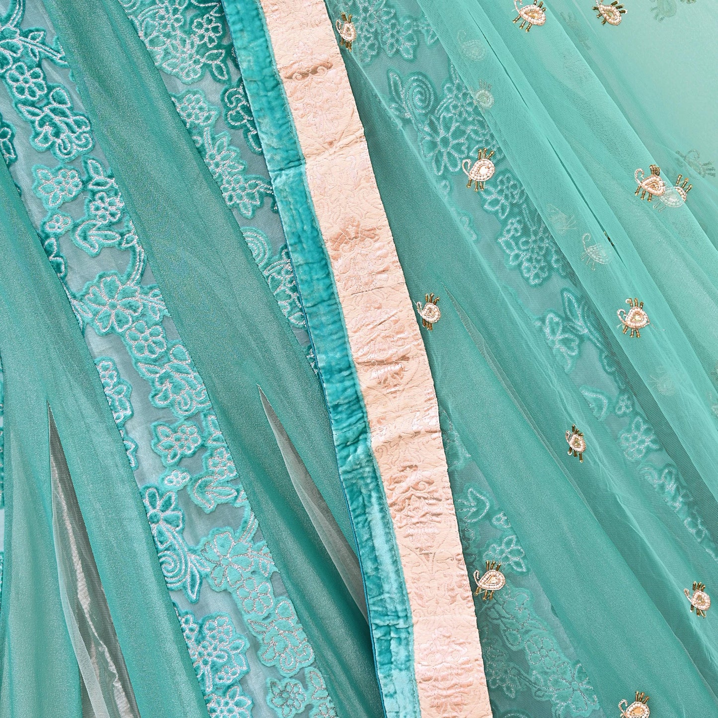 Indian Vintage Green Pure Georgette Silk Net/Mesh Hand Embroidered Lehenga 2pcs Set Bridal Party Wear Dupatta Bollywood Lehenga