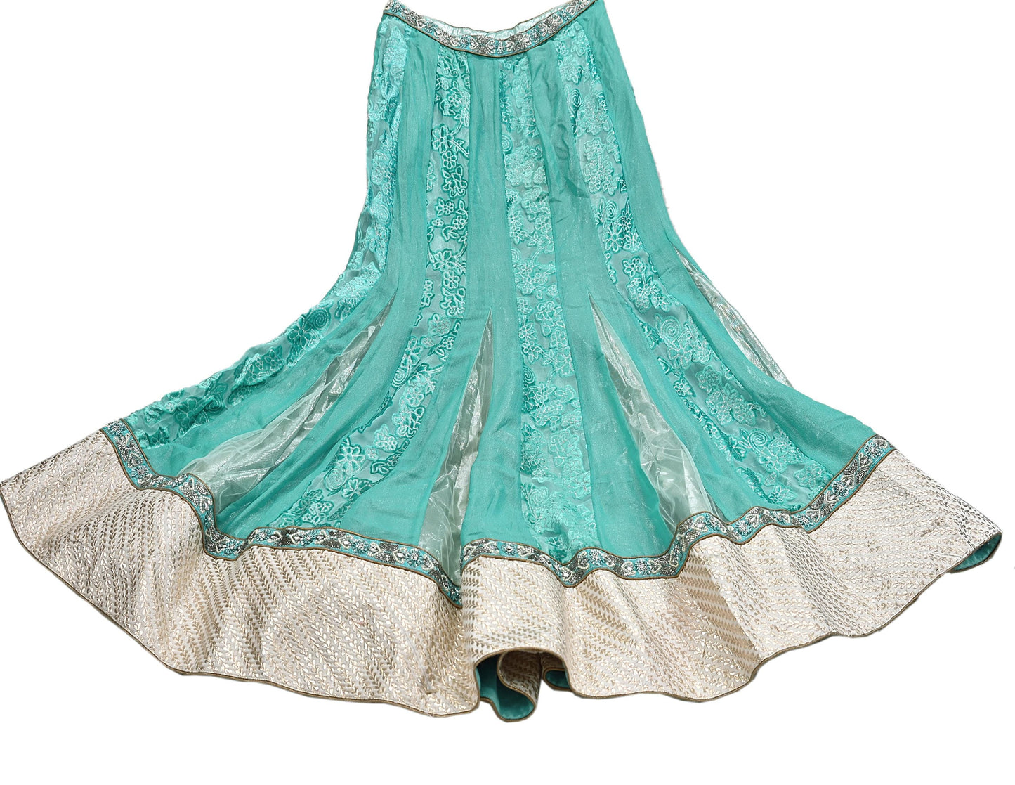 Indian Vintage Green Pure Georgette Silk Net/Mesh Hand Embroidered Lehenga 2pcs Set Bridal Party Wear Dupatta Bollywood Lehenga