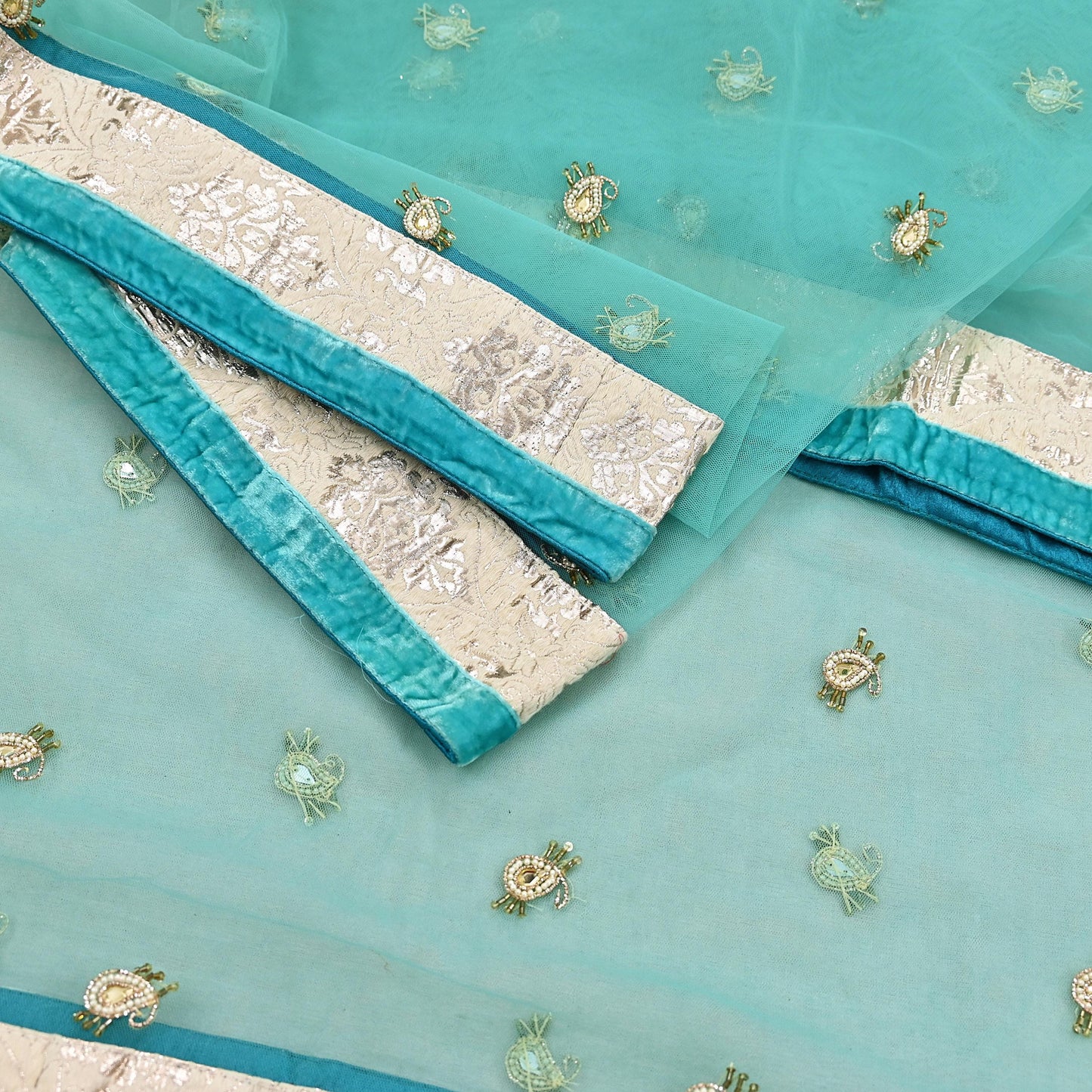 Indian Vintage Heavy Dupatta Green Net Mesh Long Stole Hand Embroidered Scarves Wedding/Party Wear