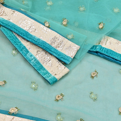 Indian Vintage Heavy Dupatta Green Net Mesh Long Stole Hand Embroidered Scarves Wedding/Party Wear