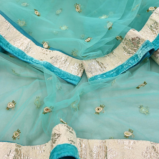 Indian Vintage Heavy Dupatta Green Net Mesh Long Stole Hand Embroidered Scarves Wedding/Party Wear