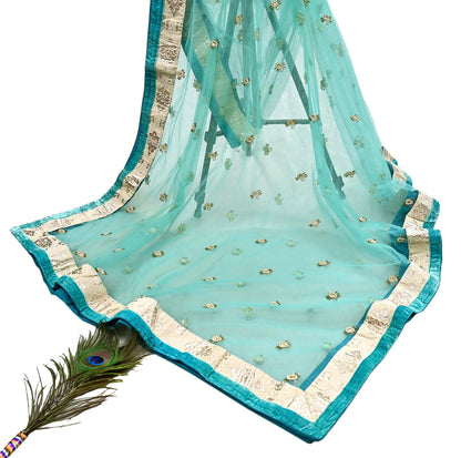 Indian Vintage Heavy Dupatta Green Net Mesh Long Stole Hand Embroidered Scarves Wedding/Party Wear