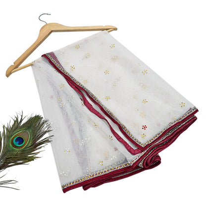 Indian Vintage Heavy Bridal Dupatta White Net Mesh Long Stole Hand Embroidered Scarves  Patti Wedding/Party Wear