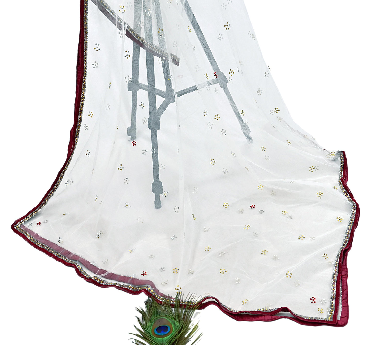 Indian Vintage Heavy Bridal Dupatta White Net Mesh Long Stole Hand Embroidered Scarves  Patti Wedding/Party Wear