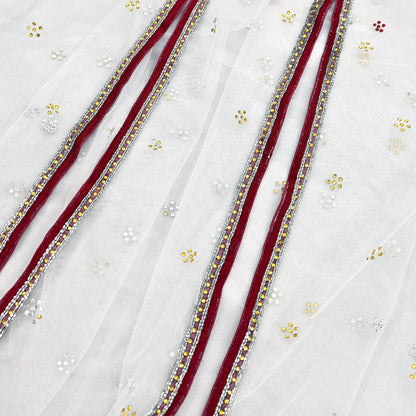 Indian Vintage Heavy Bridal Dupatta White Net Mesh Long Stole Hand Embroidered Scarves  Patti Wedding/Party Wear