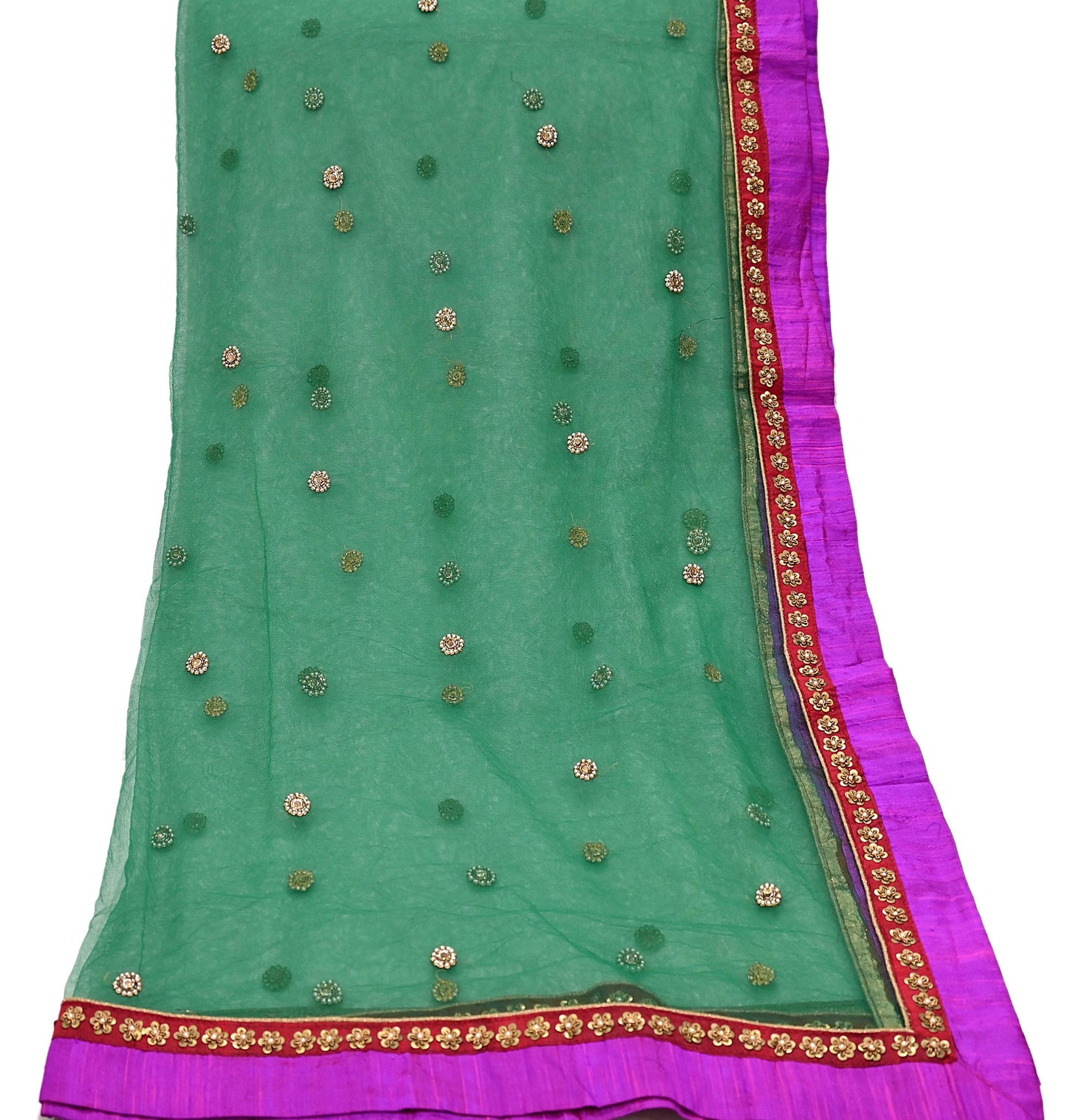 Indian Vintage Heavy Bridal Dupatta Green Net Mesh Long Stole Hand Embroidered Scarves  Patti Wedding/Party Wear