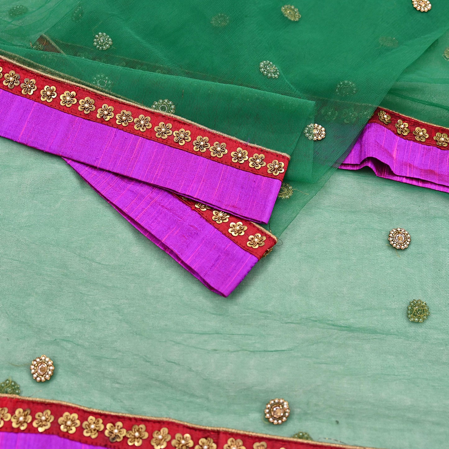 Indian Vintage Heavy Bridal Dupatta Green Net Mesh Long Stole Hand Embroidered Scarves  Patti Wedding/Party Wear