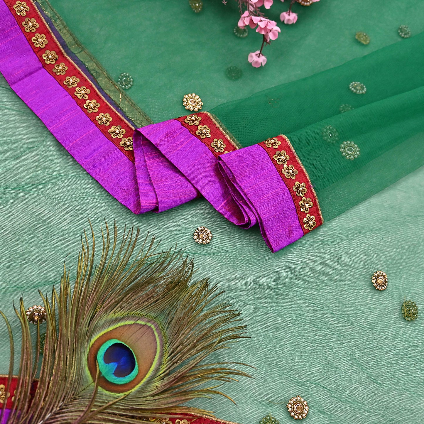 Indian Vintage Heavy Bridal Dupatta Green Net Mesh Long Stole Hand Embroidered Scarves  Patti Wedding/Party Wear