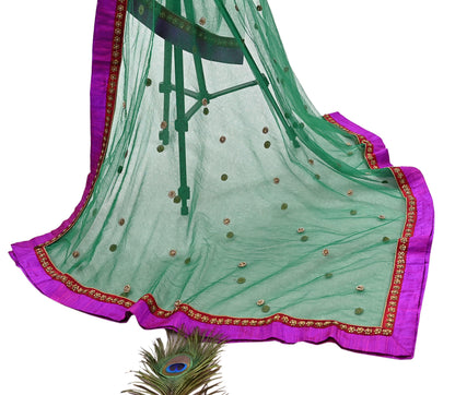 Indian Vintage Heavy Bridal Dupatta Green Net Mesh Long Stole Hand Embroidered Scarves  Patti Wedding/Party Wear