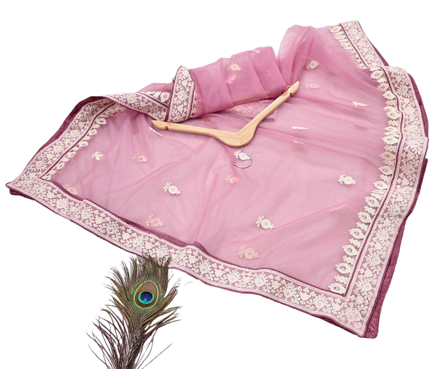 Indian Vintage Pink Pure Georgette Silk Net/Mesh Embroidered Lehenga 2pcs Set Bridal Party Wear Dupatta Bollywood Lehenga