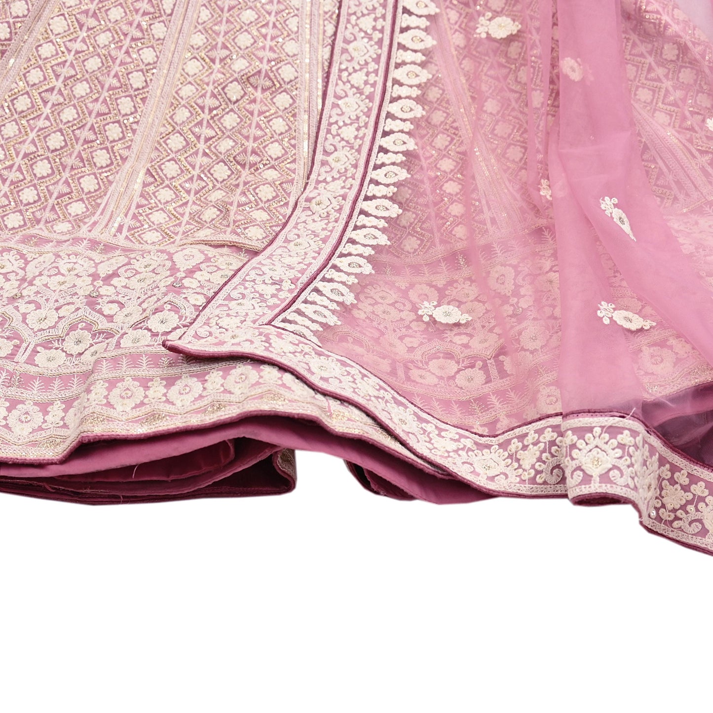 Indian Vintage Pink Pure Georgette Silk Net/Mesh Embroidered Lehenga 2pcs Set Bridal Party Wear Dupatta Bollywood Lehenga