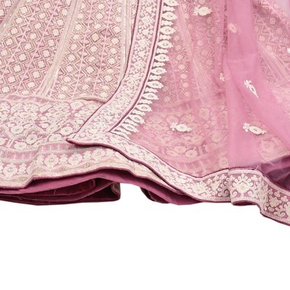 Indian Vintage Pink Pure Georgette Silk Net/Mesh Embroidered Lehenga 2pcs Set Bridal Party Wear Dupatta Bollywood Lehenga