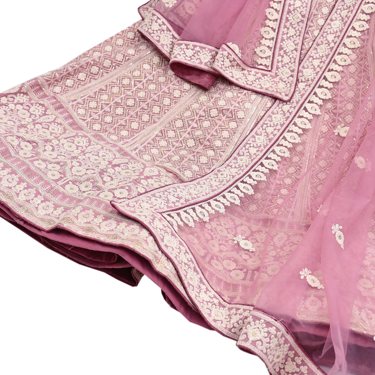 Indian Vintage Pink Pure Georgette Silk Net/Mesh Embroidered Lehenga 2pcs Set Bridal Party Wear Dupatta Bollywood Lehenga