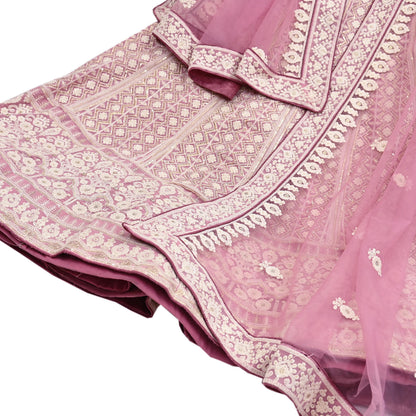 Indian Vintage Pink Pure Georgette Silk Net/Mesh Embroidered Lehenga 2pcs Set Bridal Party Wear Dupatta Bollywood Lehenga
