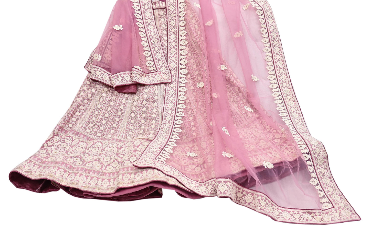 Indian Vintage Pink Pure Georgette Silk Net/Mesh Embroidered Lehenga 2pcs Set Bridal Party Wear Dupatta Bollywood Lehenga