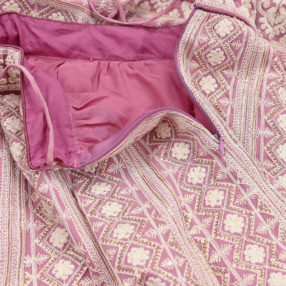 Indian Vintage Pink Pure Georgette Silk Net/Mesh Embroidered Lehenga 2pcs Set Bridal Party Wear Dupatta Bollywood Lehenga