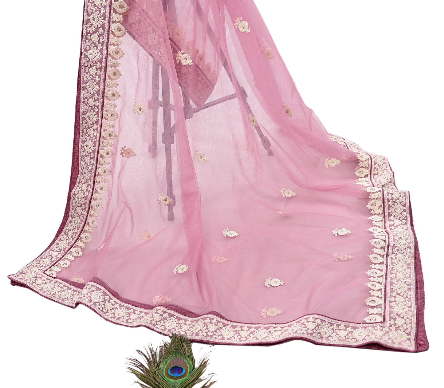 Indian Vintage Heavy Dupatta Green Net Mesh Long Stole Hand Embroidered Scarves Wedding/Party Wear