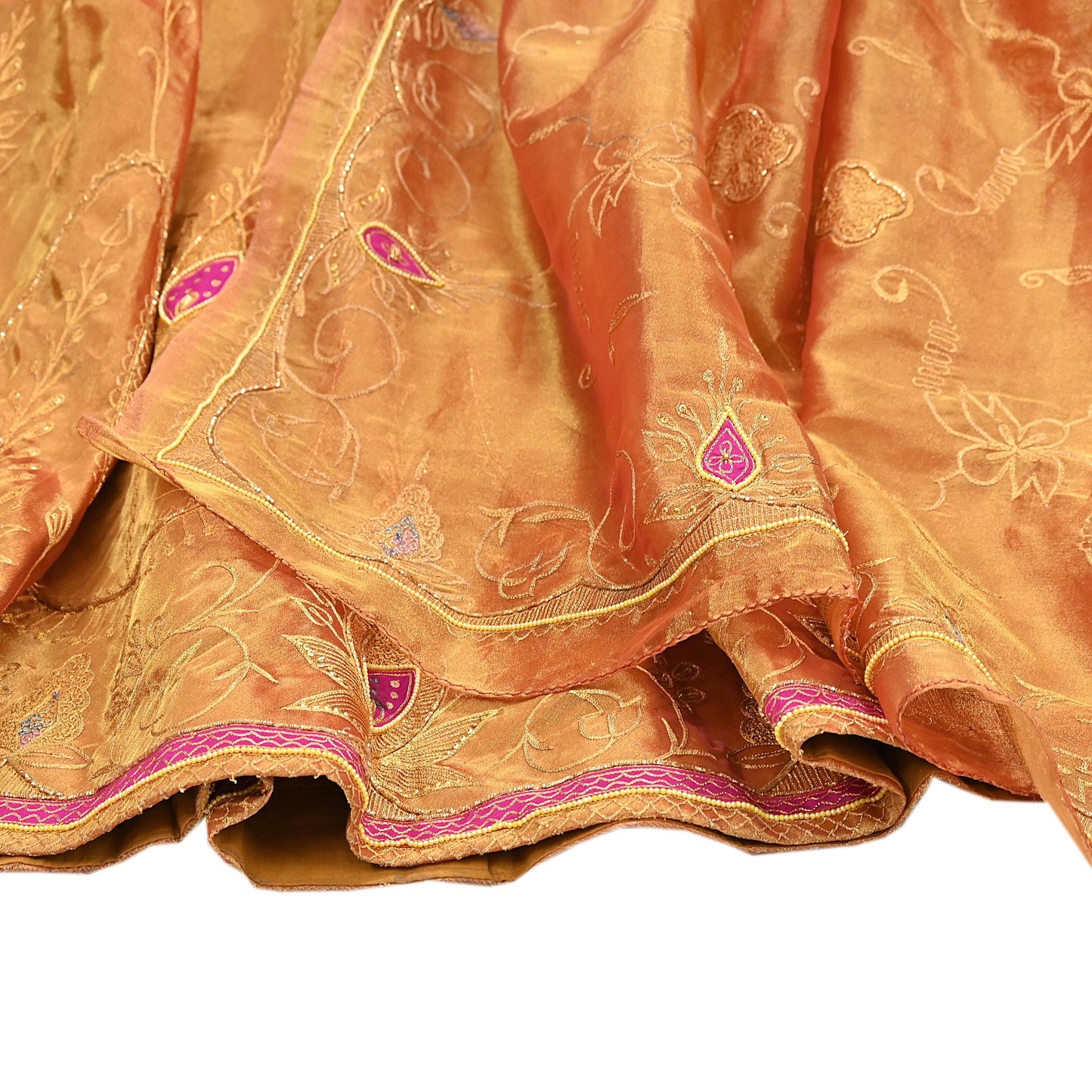 Indian Vintage Heavy Golden Pure Tissue Silk Hand Embroidered Lehenga/Dupatta party Wear Zardozi/ Dabka, Zari
